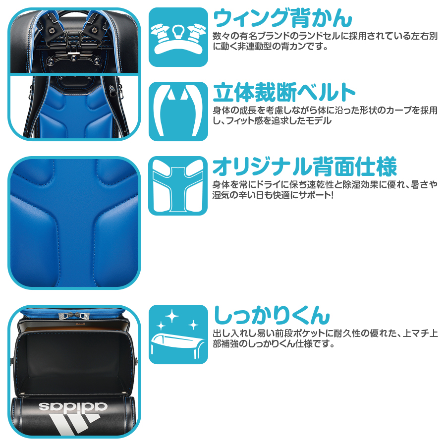 アディダス キューブ型ランドセル ブラック/レッド 男の子 35619-10 素材デザイン